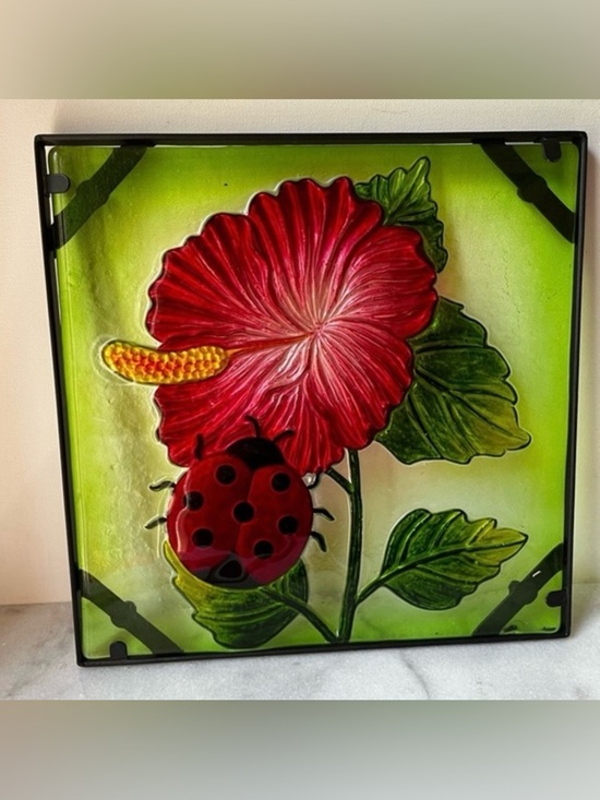 Other - Vibrant Floral Glass Art with Ladybug suncatcher